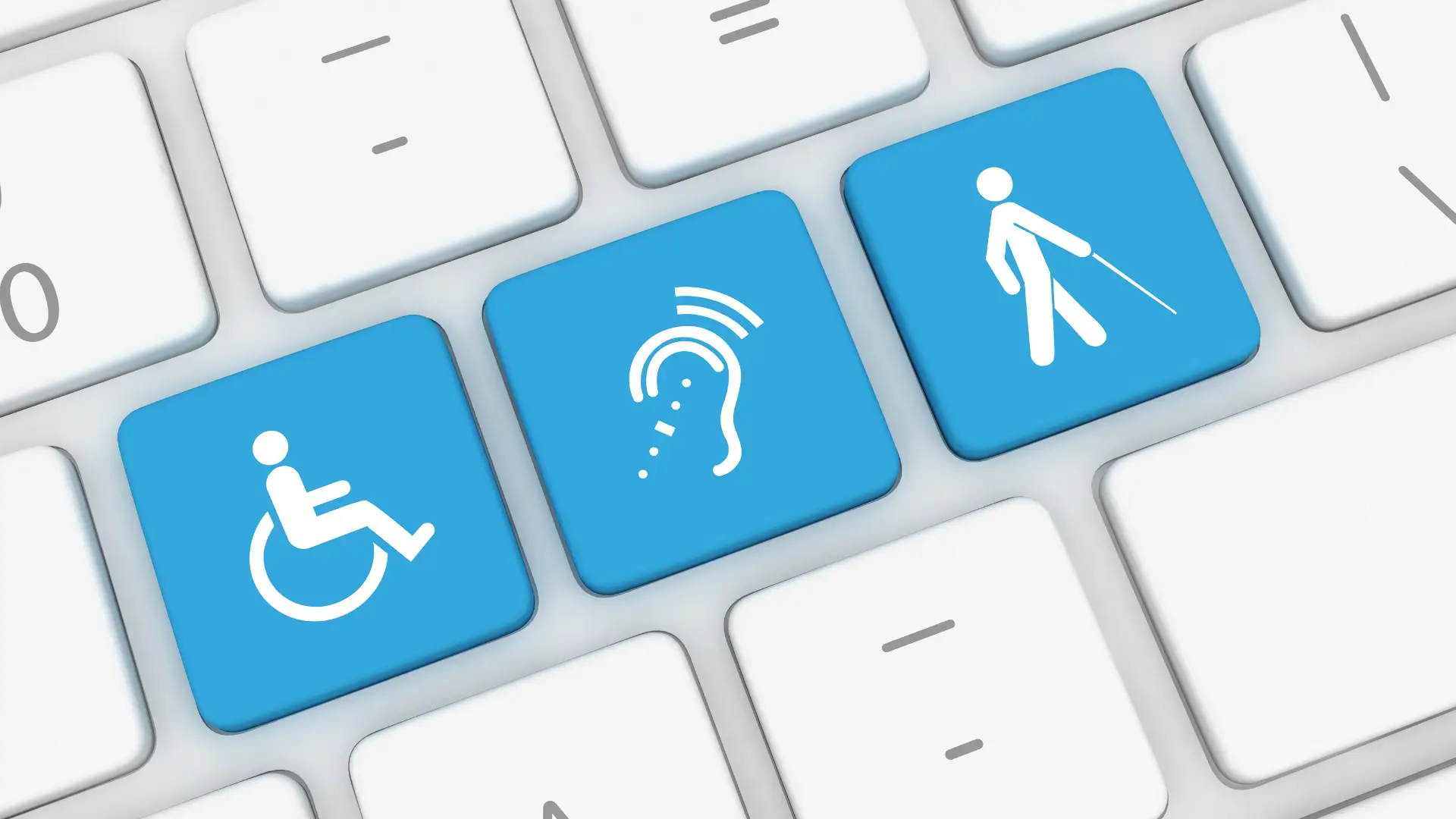 Personne en situation de handicap utilisant une technologie d'assistance pour naviguer sur un site web accessible avec graphiques business en arrière-plan