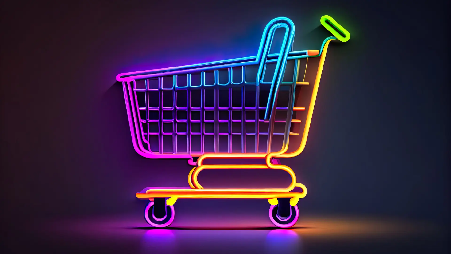 Glowing neon shopping cart icon in gradient colors on a dark background, evoking the online shopping experience