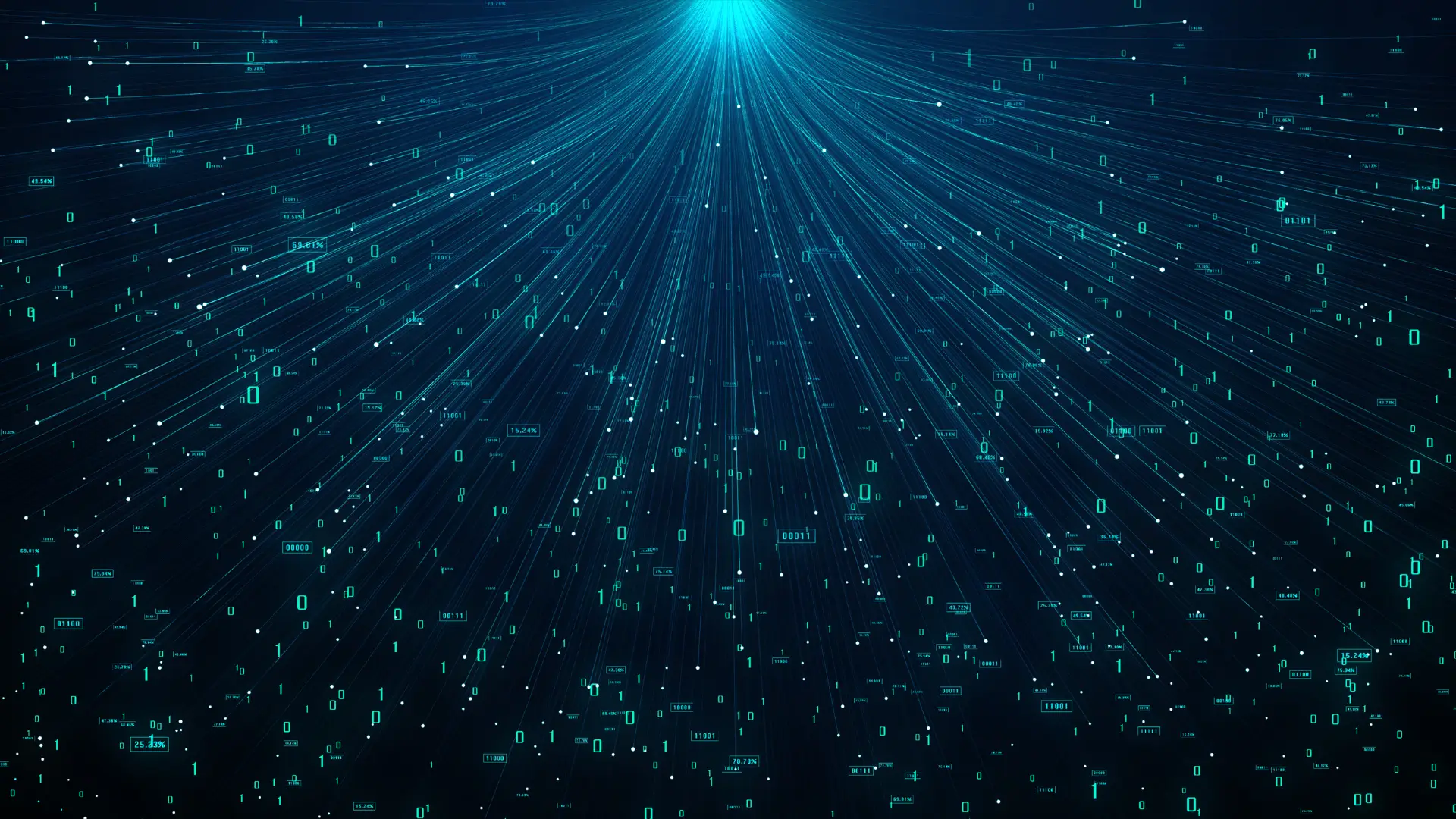 Streams of binary data converging towards a point of light on a dark blue background, abstract illustration