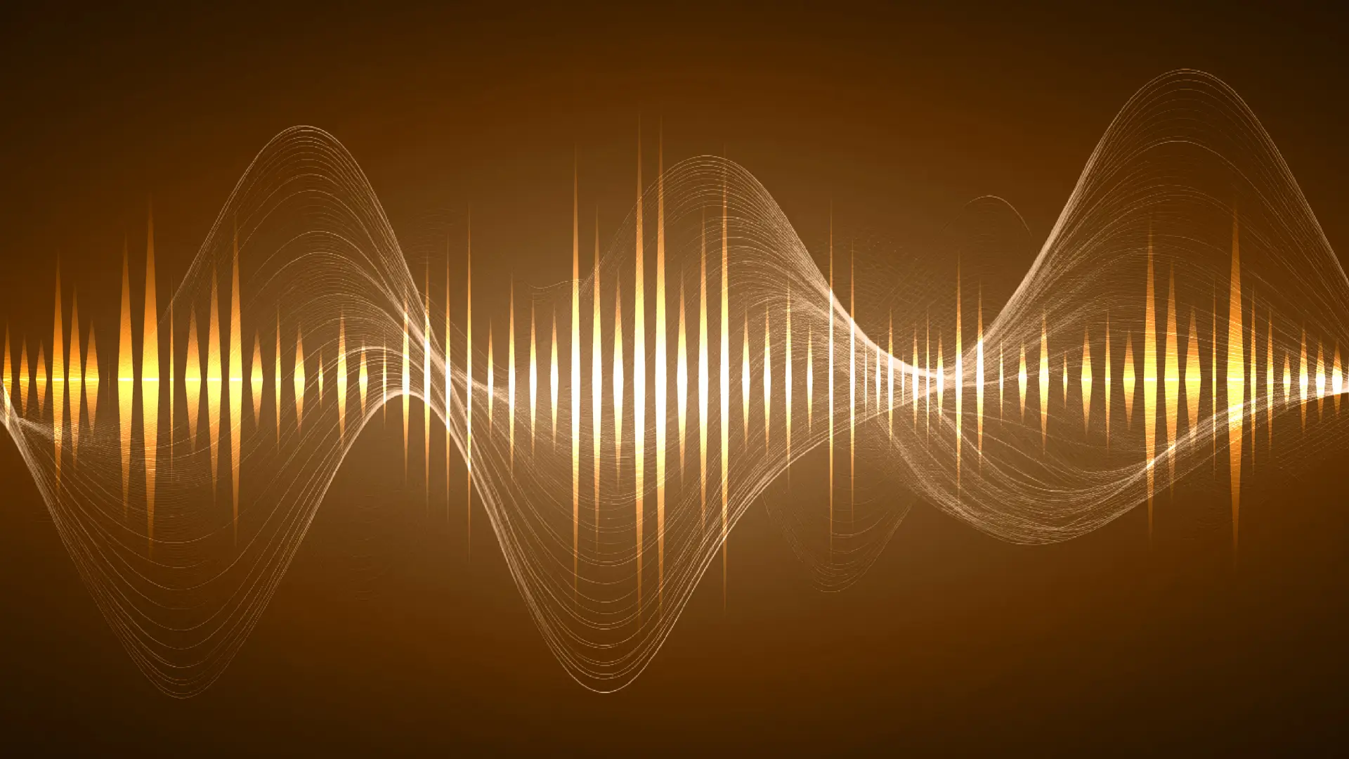 Onde sonore dorée faite de barres lumineuses verticales, enveloppée de fines courbes blanches ondulantes sur un fond brun cuivré
