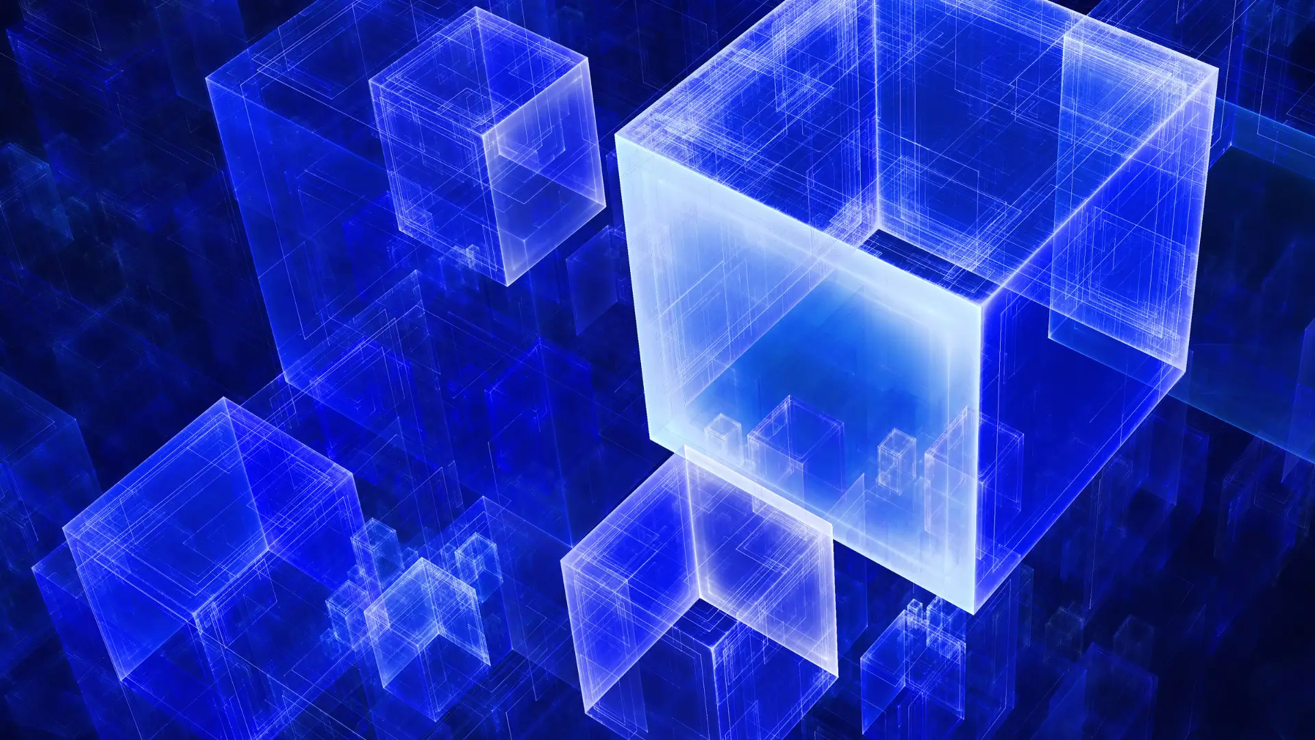 Translucent cubes with glowing blue edges, nested inside one another and floating in a midnight blue space