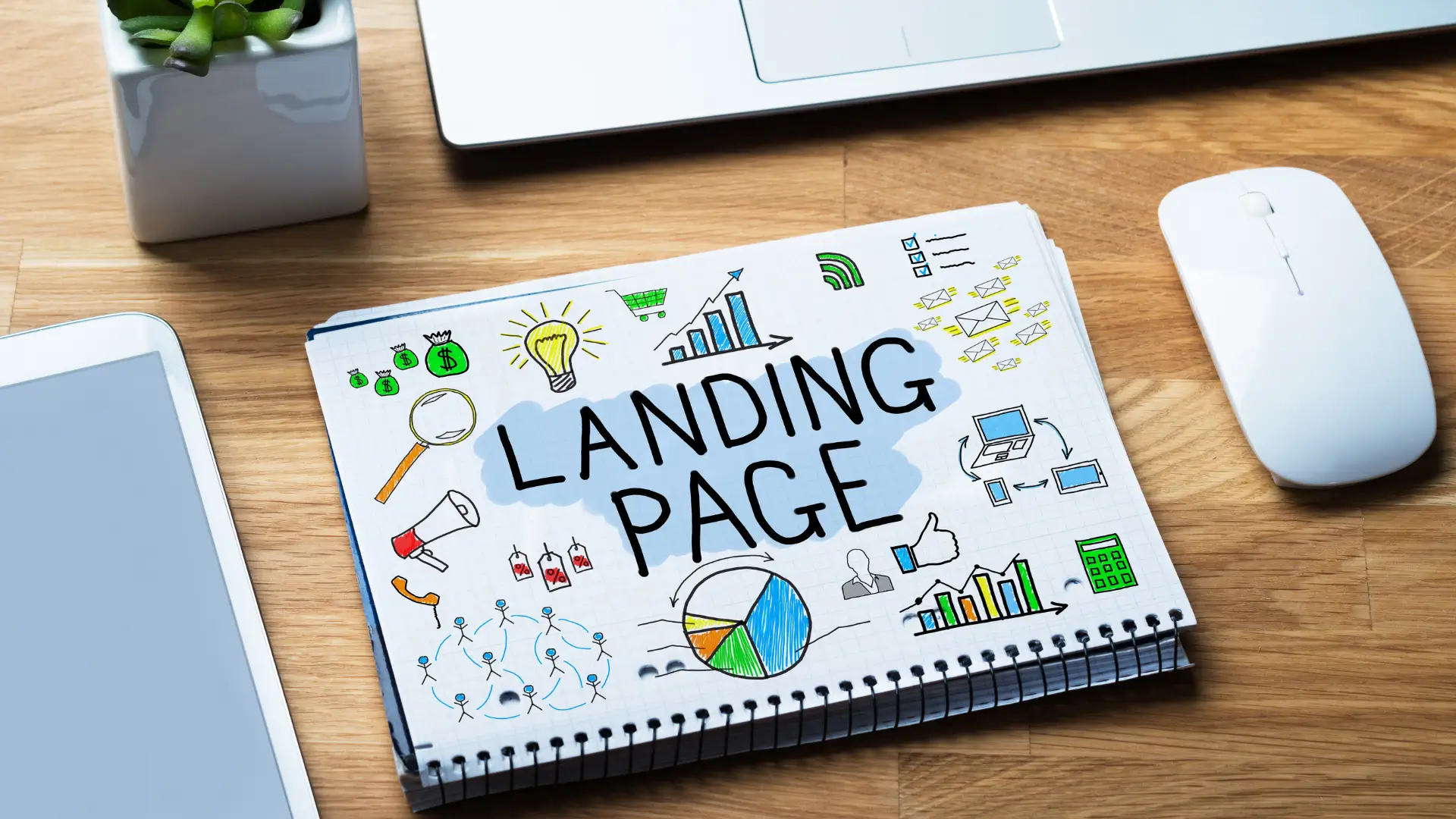 Une page de cahier avec les dessins qu'on peut retrouver sur une landing page